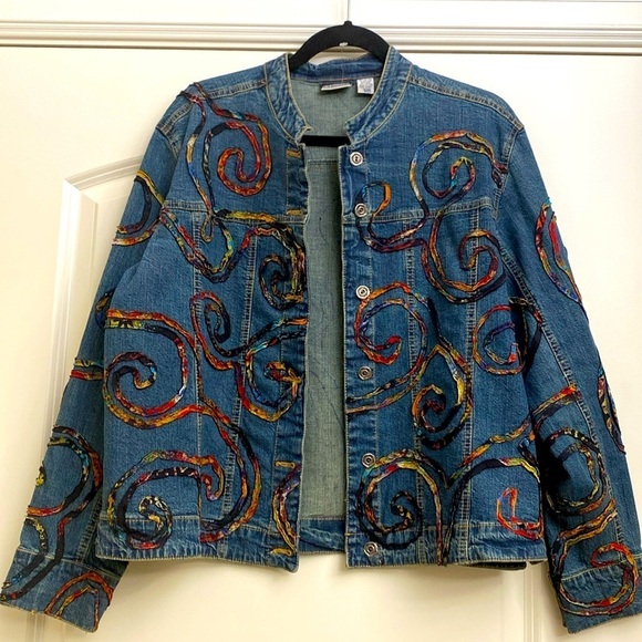 Chico's Denim Jean Jacket Womens Ribbon Applique Boho Artsy Art to wear Size 1 M - Picture 1 of 11